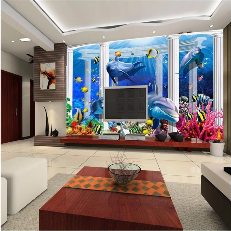 papel de parede 3D wall papers home decor photo wall paper home decor TV background underwater Dolphin Coral bathroom flooring
