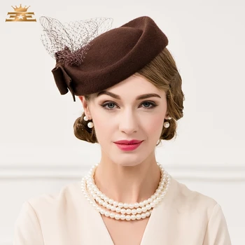 

Winter New Wool Small Hat Fashion Ladies Dress All-match Leisure Veil Hat Ladies Church Feather Wedding Bridal Cap B-7464