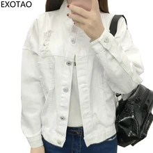 EXOTAO Harajuku Denim Jacket White Coat Female Single-breasted Ripped Female Jacket Casual Long Sleeve Women's Denim Jacket