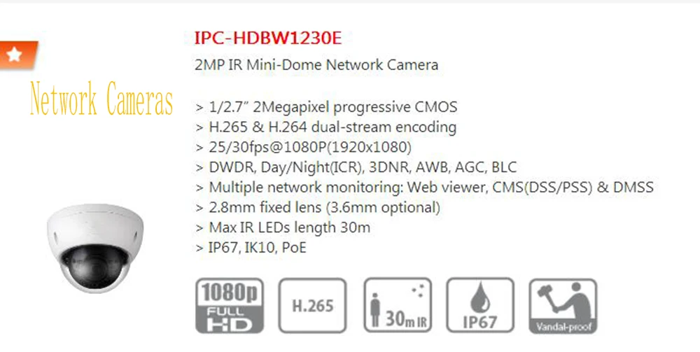 

Free Shipping DAHUA Waterproof Security IP POE Camera 2MP Day/Night 1080P IR Mini-Dome Network Camera No Logo IPC-HDBW1230E-S