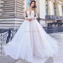 A Line Long Sleeves Wedding Dresses Deep V Neck Button Illusion Floor Length Bridal Wedding Gown Vestido De Noiva Plus Size