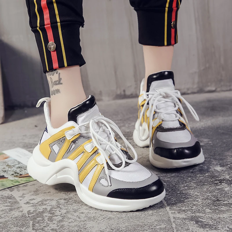 

Chowaring Brand 2018 Autumn New Women's Casual Shoes Flats Fashion Lace Up Hidden Heel Yellow Blue ARCHLIGHT Women Sneakers