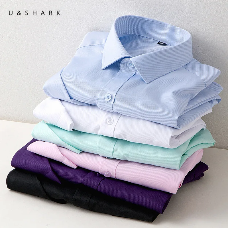 

U&SHARK Easy Care Cotton Social Shirts Mens Dress Shirts Short Sleeve Business Formal Shirts Male High Quality Twill Work Shirts