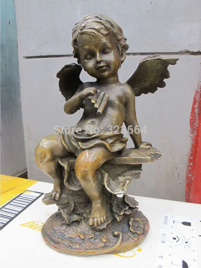 11"Western Art Bronze sculpture Cupid angel Blow pipe Pai xiao panpipe