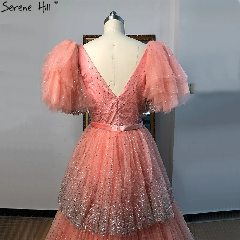 Розовые сексуальные блестящие вечерние платья с v-образным вырезом А-силуэта, многоуровневые Вечерние платья из тюля с блестками Serene hilm LA60765
