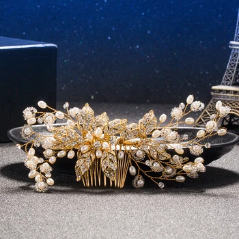 

Exquisite Gold Flower Hair Combs For Bride Rhinestones Pearl Wedding Headdress Hair Jewelry Crystal Hair Accessories Trombone