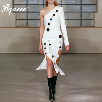 

Bqueen Women Bandage Dress Sexy One Shoulder Hollow Out Sequined Dot Split DressParty Dress 2019 New Vestido