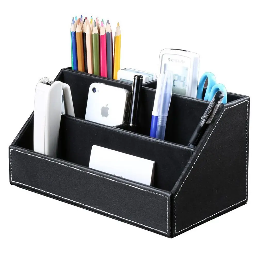  Home Office Wooden Struction Leather Multi-function Desk Stationery Organizer Storage Box Pen/Penci