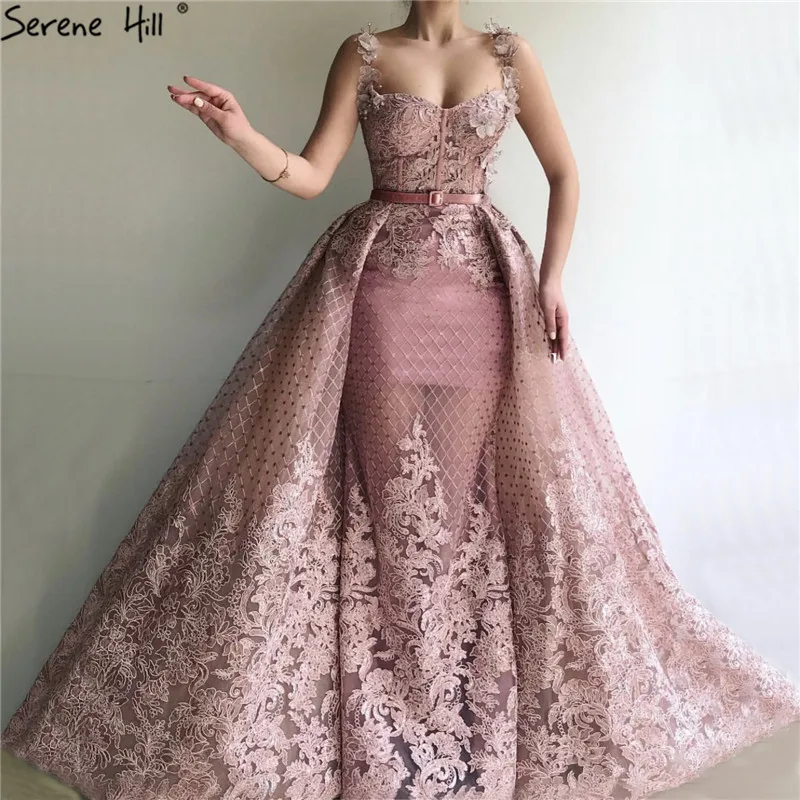 

Pink Sleeveless Handmade Flowers Evening Dresses 2019 Dubai Mermaid Sexy Long Evening Gowns Serene Hill LA60991