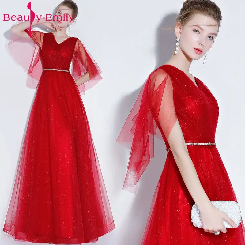 Schoonheid Emily Mode Eenvoudige Lange Rood Blauw Avondjurken 2018 A-Lijn V-hals Korte Mouw Formele Party Girl Vrouwen Prom Dresses Schoonheid Emily Mode Eenvoudige Lange Rood Blauw Avondjurken 2018 A-Lijn V-hals Korte Mouw Formele Party Girl Vrouwen Prom Dresses