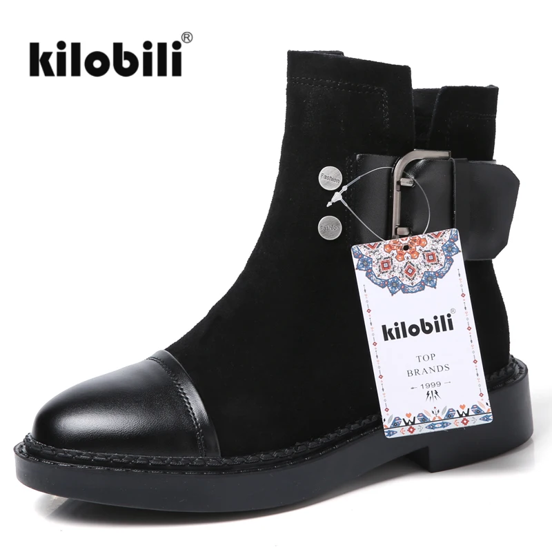

kilobili 2018 winter Women Chelsea boots shoes suede leather Strap Buckle Ladies Boots Square Heel Zip Side Ankle boots women