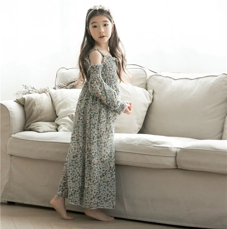 floral maxi long dress girl a line dress mother daughter clothes big girls dresses summer 2018 pink green beach holiday baby girls with sleeve teeange girls clothing (6)