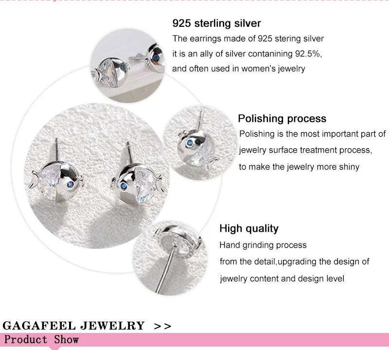 GAGAFEEL милые 925 пробы серебряные серьги кристалл серьги рыбки для женщин Мода девушка серебряные ювелирные изделия Прямая поставка