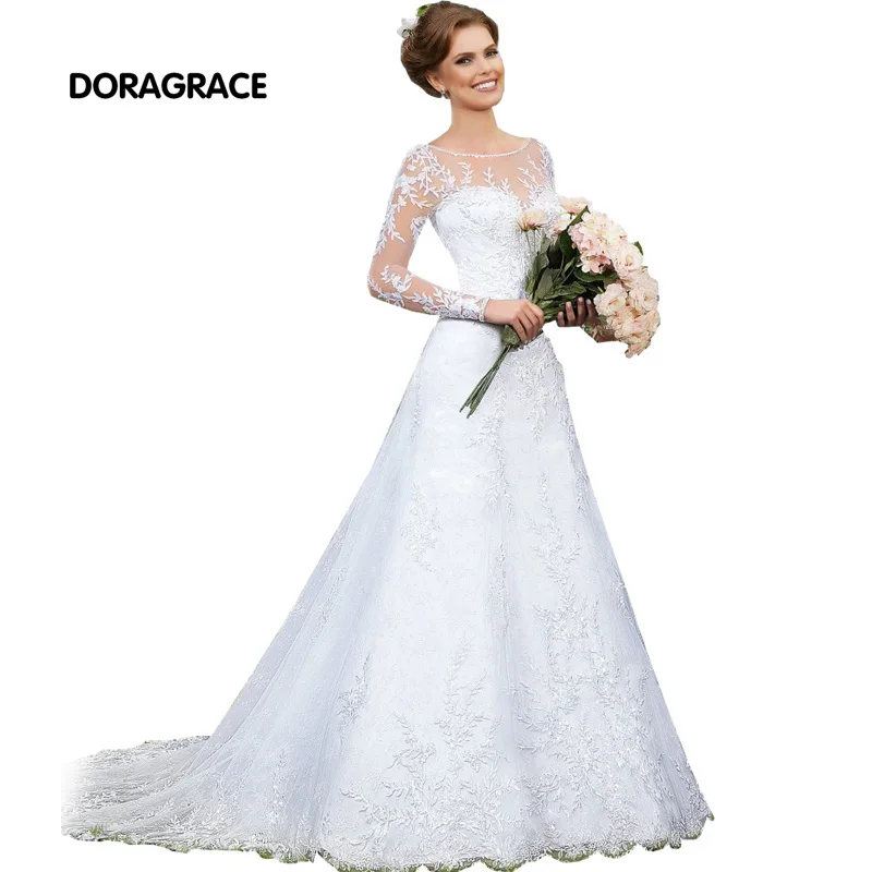Doragrace Womens Off-Shoulder Court Train Long Sleeve Lace Wedding Bridal Gown