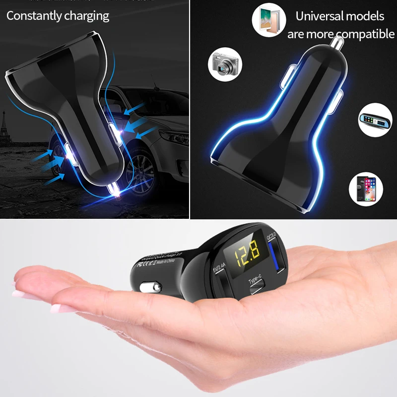 QC3.0 автомобиля Зарядное устройство прикуриватель Смарт двойной тип разъема Usb C