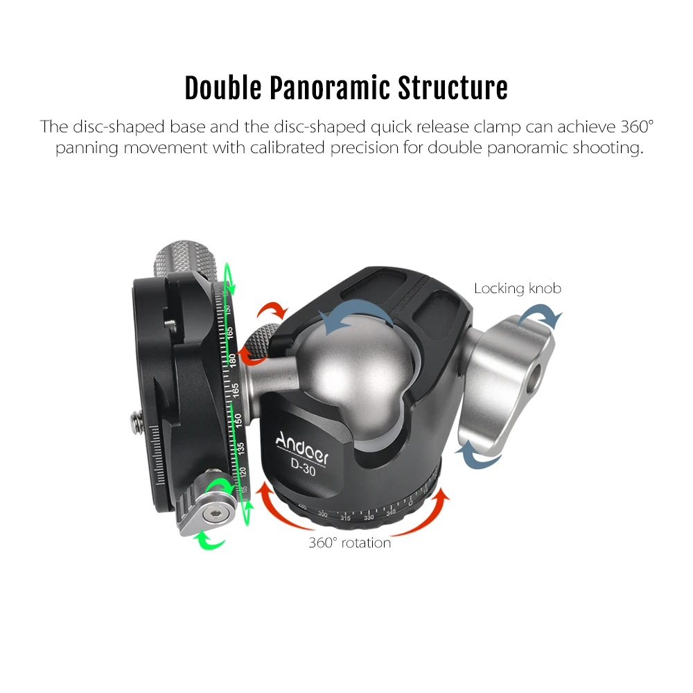 Andoer D-30, профессиональная двойная панорамная головка с ЧПУ, шаровая Головка с двойной u-образной насечкой для штатива, монопода DSLR ILDC камеры