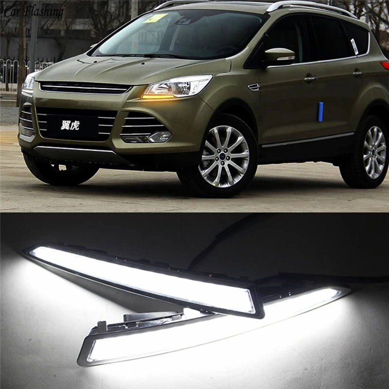 1 пара для Ford Kuga Escape 2013 дневной ходовой светильник DRL светодиодный противотуманный фонарь с желтым поворотным сигналом