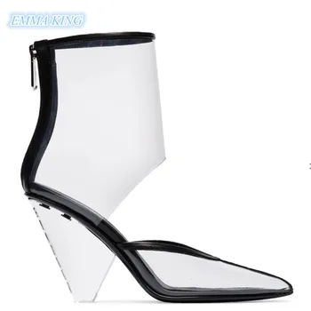 

2019 Fashion PVC Transparent Ankle Boots Women Pointed Toe Spike High Heels Summer Sandals Boots Hollow Back Zipper Shoes Woman