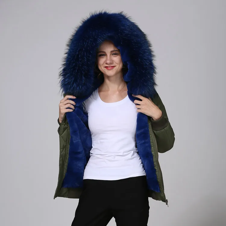 Водостойкое пальто из натурального меха куртка-бомбер зимняя куртка с капюшоном из меха енота Женская парка натуральная для женщин теплая толстая подкладка - Цвет: green blue