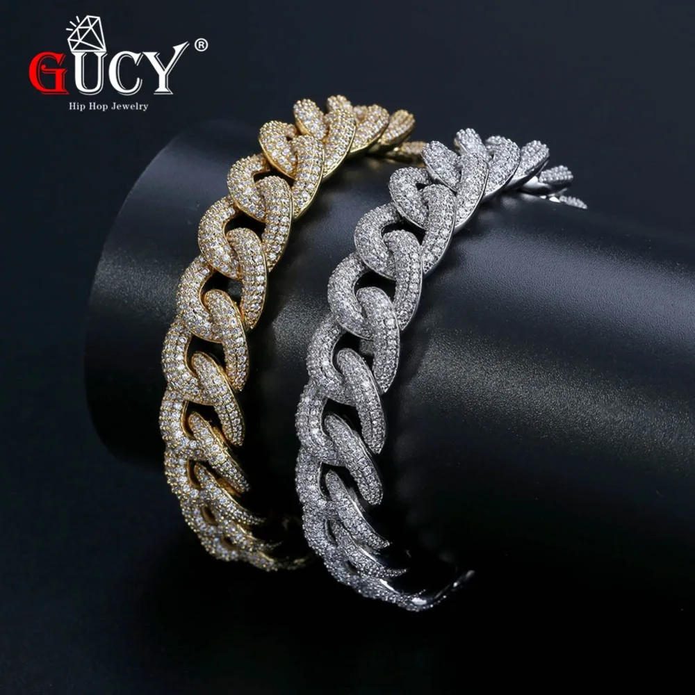 

GUCY Hip Hop Iced Out Bling Cuban Bracelet Gold Color Micro Pave Cubic Zircon Bracelets 10mm Width Chain Bracelets Gift For Men