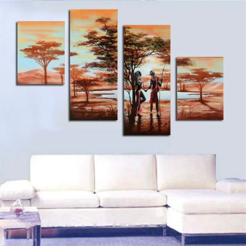 

Handpainted Abstract African Landscape Oil Painting Handmade Large 4 Panel Canvas Paintings Trees Pictures Home Decor Wall Art
