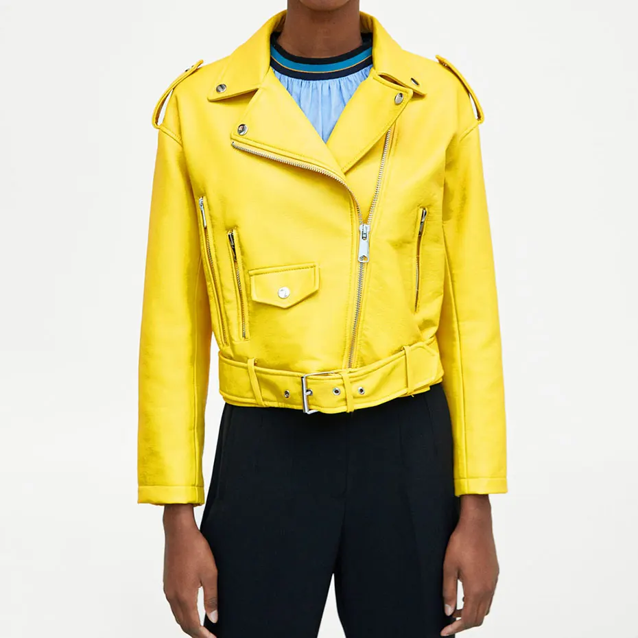 Новая модная женская куртка из искусственной кожи желтые мотоциклетные кожаные куртки с отложным воротником на молнии Повседневная Базовая куртка