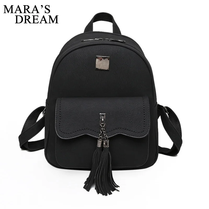 Mara s Dream 2017 Tassel Women Leather Solid Color Zipper Backpack Teenage Backpacks For Girls Vintage