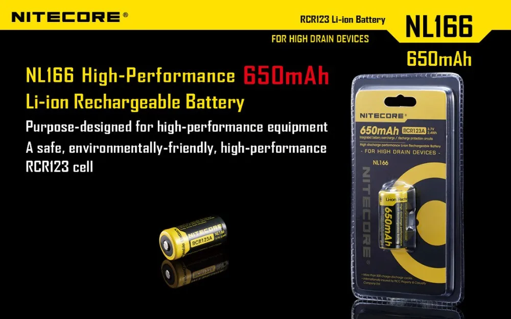 NITECORE NL166 650mAh 3,7 V 2.4Wh защищенный литиевый аккумулятор RCR123A 16340 18350 литий-ионный аккумулятор Дренажные устройства фонарик