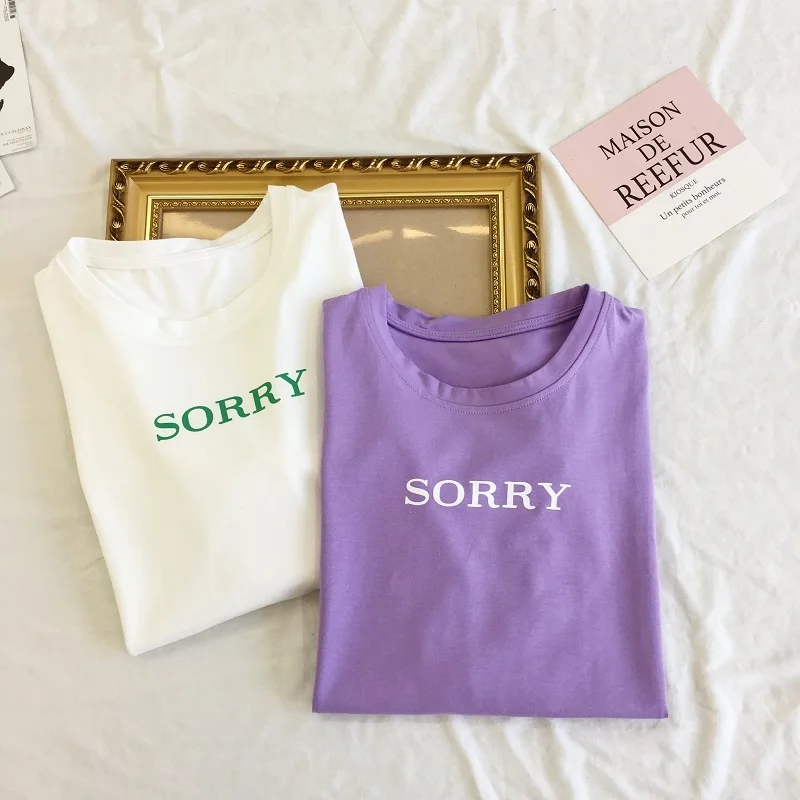 

Summer casual loose purple Tshirt korean Women Letter T-shirts Printed Tee Shirt harajuku Short Sleeve t shirt ulzzang white top