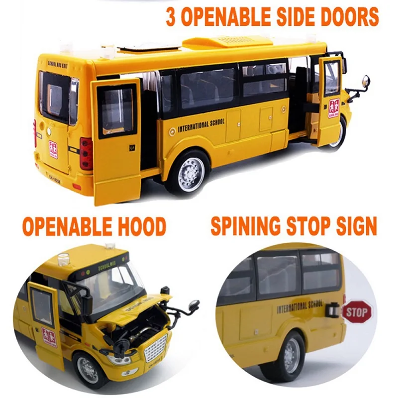 2-Diecast-Alloy-School-Bus-Model-5-Openable-Doors-Music-Light-Pull-Back-Function-Toy-Car-for