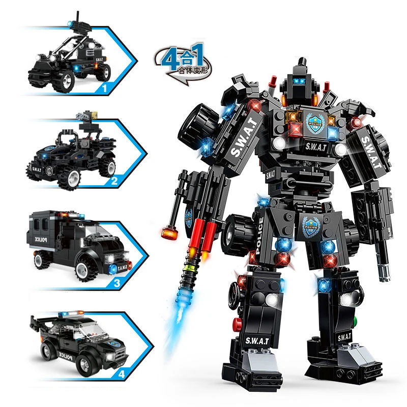 

590pcs 4in1 Children's educational building blocks toy Compatible Legoings city SWAT Team Dragon Warrior Mech Toy King Kong gift