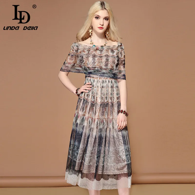 

LD LINDA DELLA Fashion Runway Summer Dress Women's Sexy Off the Shoulder Mesh Sequin Elegant Midi Vintage Dress vestidos
