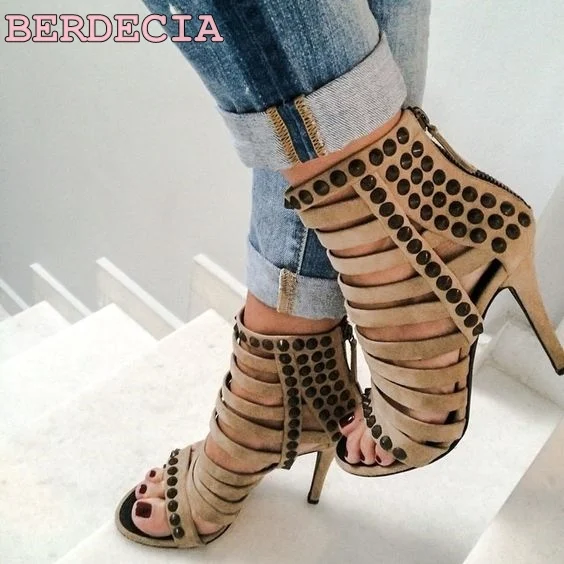 

hot selling suede leather peep toe sandal boots rivet decoration ankle boots elegant thin heel young ladies sheos free shipping
