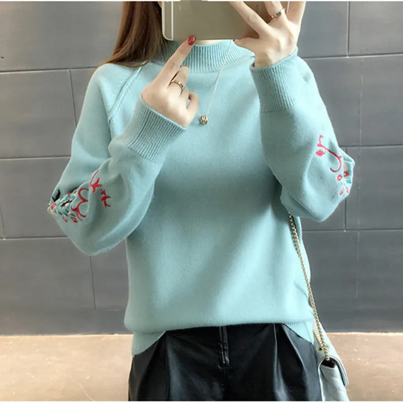 2018 Autumn Winter Sweaters Floral Embroidery Knitted