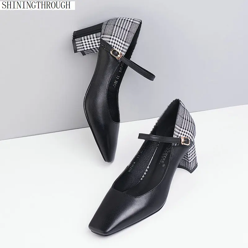 

2019 New Women mary janes Black High heels Lady cow leather women pumps Autumn Single Shoes Female