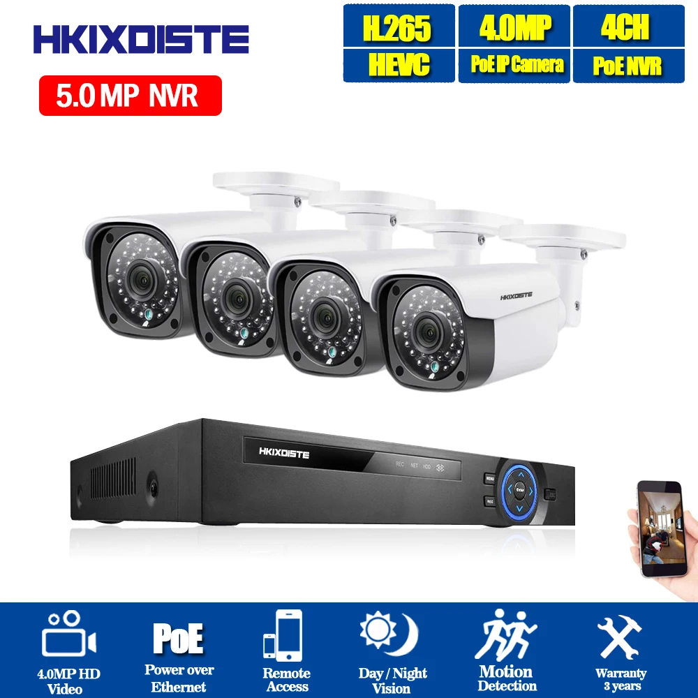 

4CH 5.0MP CCTV Camera System 4MP Security Camera System Video Surveillance Kit 4PCS Bullet IP67 Outdoor POE IP Camera NVR Set