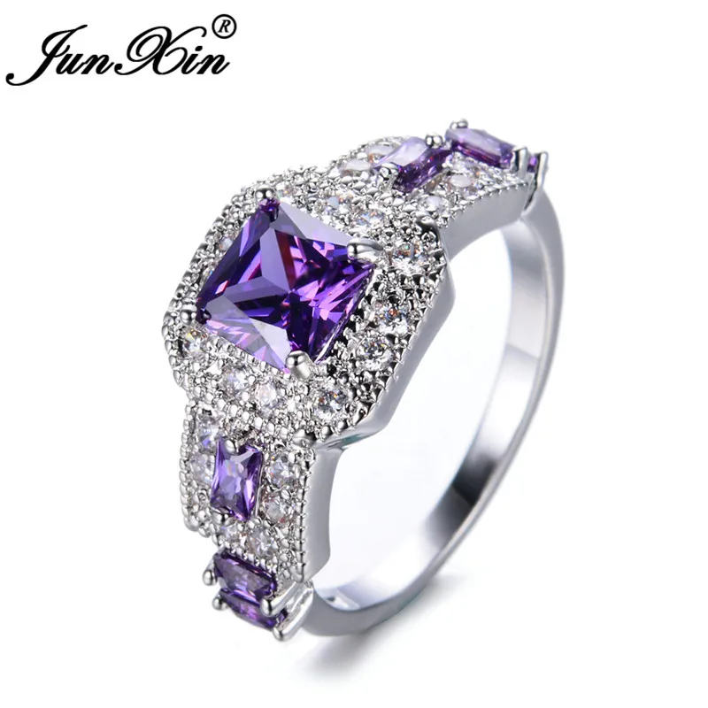 JUNXIN винтажные квадратные обручальные кольца для мужчин и женщин из белого золота с камнем принцессы зеленый синий черный циркон кольцо женское CZ - Цвет основного камня: Purple Ring