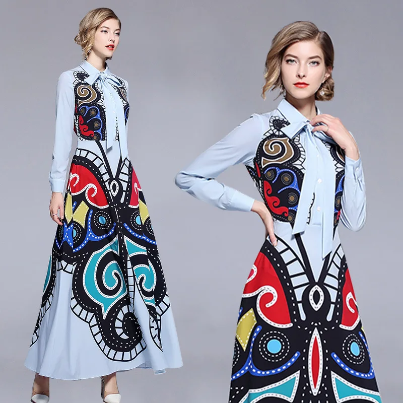 

spring and autumn new trend positioning printing temperament dress fashion casual doll collar long sleeve elegant long dress