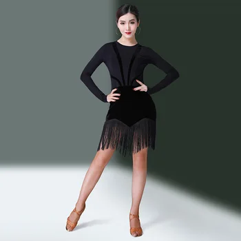 New Latin Dance Dress WomenLadies Tassel SalsaRumbaCha Cha Dance Ballroom Skirt Performance And Practice Dance Dress DQL303