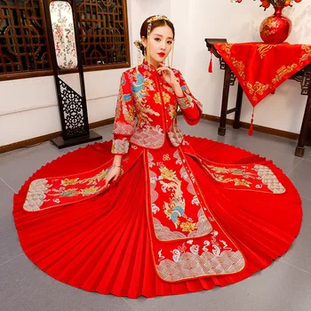 

Oriental Wedding Gowns Chinese Traditional Women Phoenix Embroidery Cheongsam Qipao Red Bride Traditions Robe