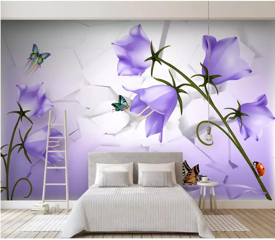 Заказ росписи 3d фото обои Фэнтези фиолетовый цветок бабочка фон Home decor 3d настенные фрески обои для стен 3 d