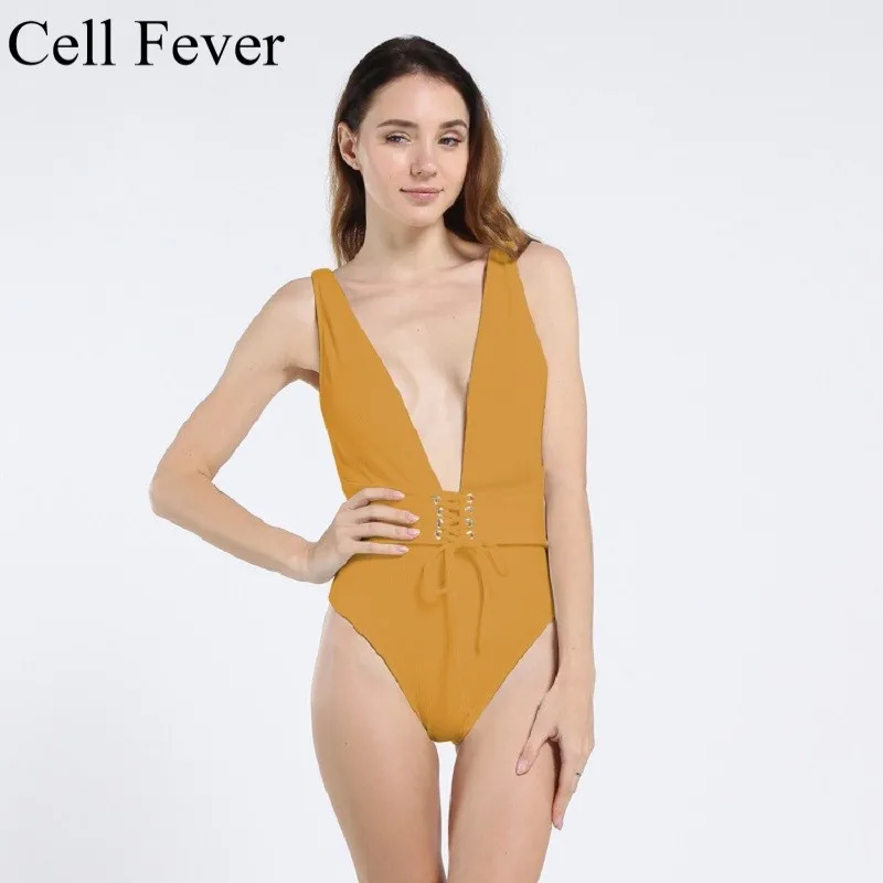 

Sexy One Piece Swimsuit Women 2019 Summer Beachwear Deep V Swimwear Solid Bathing Suits Bandage Bodysuit Monokini Swimsuit