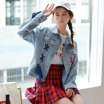 

2018 jacket coat women autumn winter Lace up denim Vintage button basic jacket Loose cross pocket jean jacket outerwear