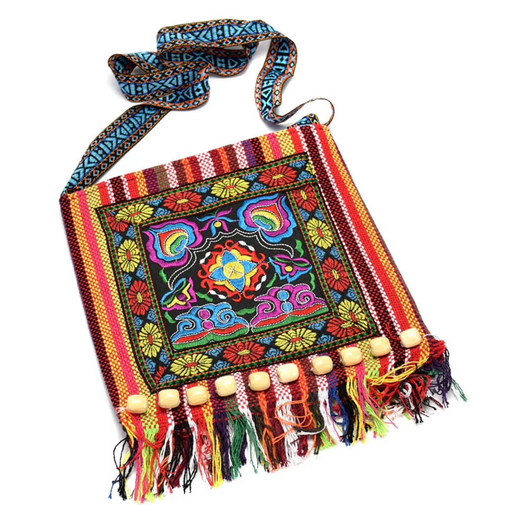 Vintage Canvas Ethnic Shoulder Bag Embroidery Hippie Tassel Tote