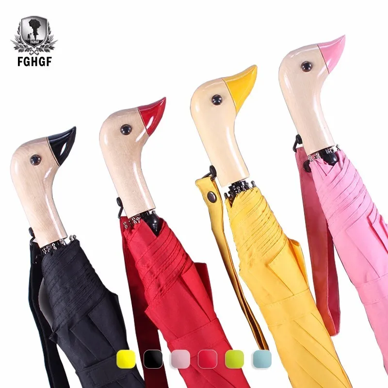 FGHGF Create Wooden Lovely Duck Head Handle Umbrella Automatic Two