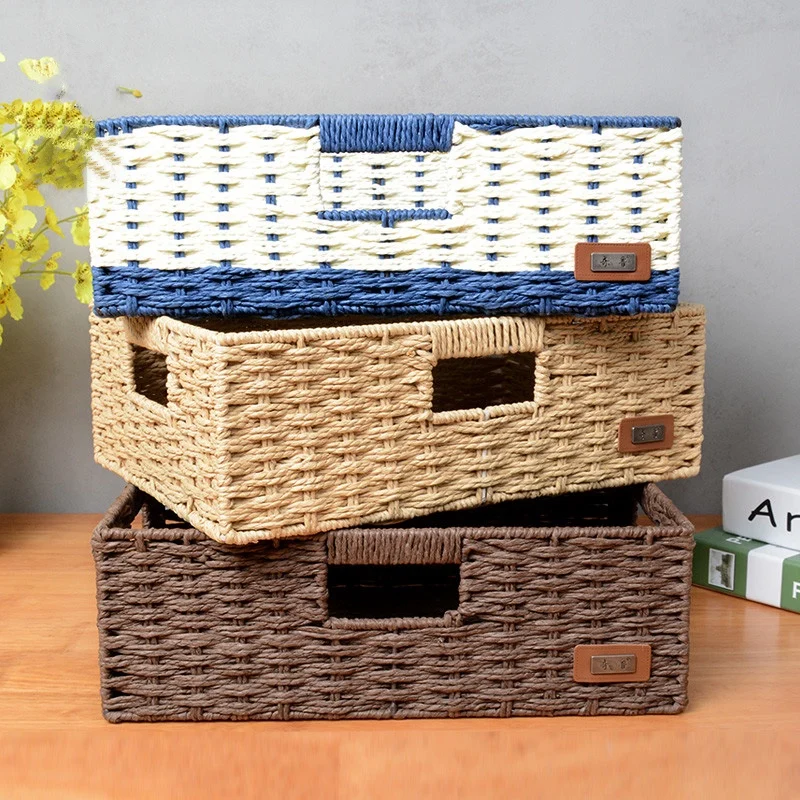 Baskets organizer straw storage snack drawer boxes paper string straw weave basket storage hand made craft steel frame household