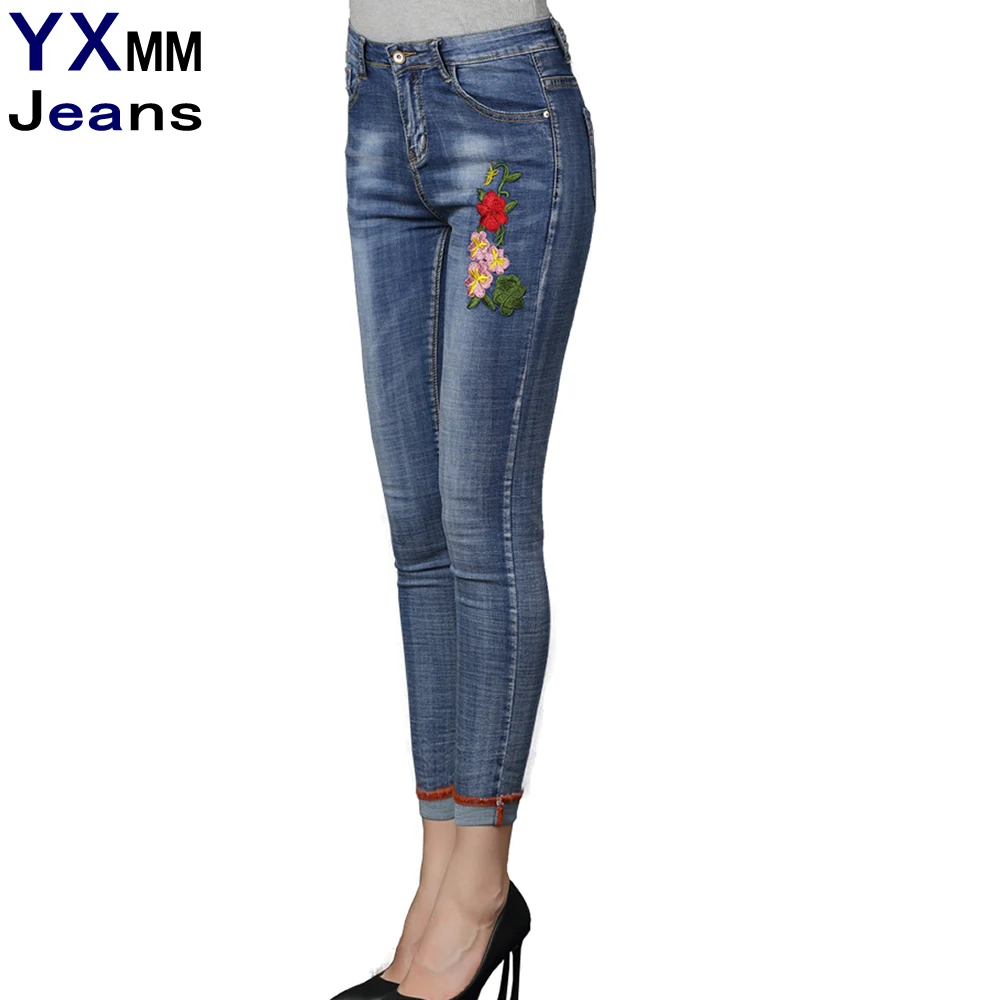 YXMM Embroidery Flower Cuffs Washed Pencil Jeans Women`s Brand New ...