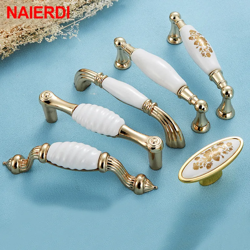 NAIERDI Gold White Creamic Gold Cabinet Handles Knobs Drawer Pulls Kitchen Door Handles Furniture Handle Cabinet Door Hardware