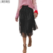 BIUIBIU сетчатые Лоскутные женские юбки плиссированные эластичные с высокой талией черные однотонные трапециевидные юбки женские повседневные весенние длинная юбка в пайетках