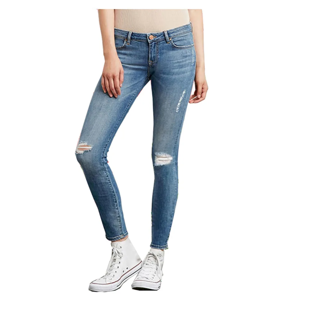 Women Retro Light Washed Pencil Jeans Casual Ripped Hole Elastic Plus Size Ankle Length Skinny 